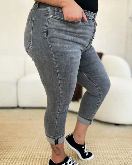 Judy Blue Full Size Button Fly High Waist Cuffed Capris - Sleekdenim.com