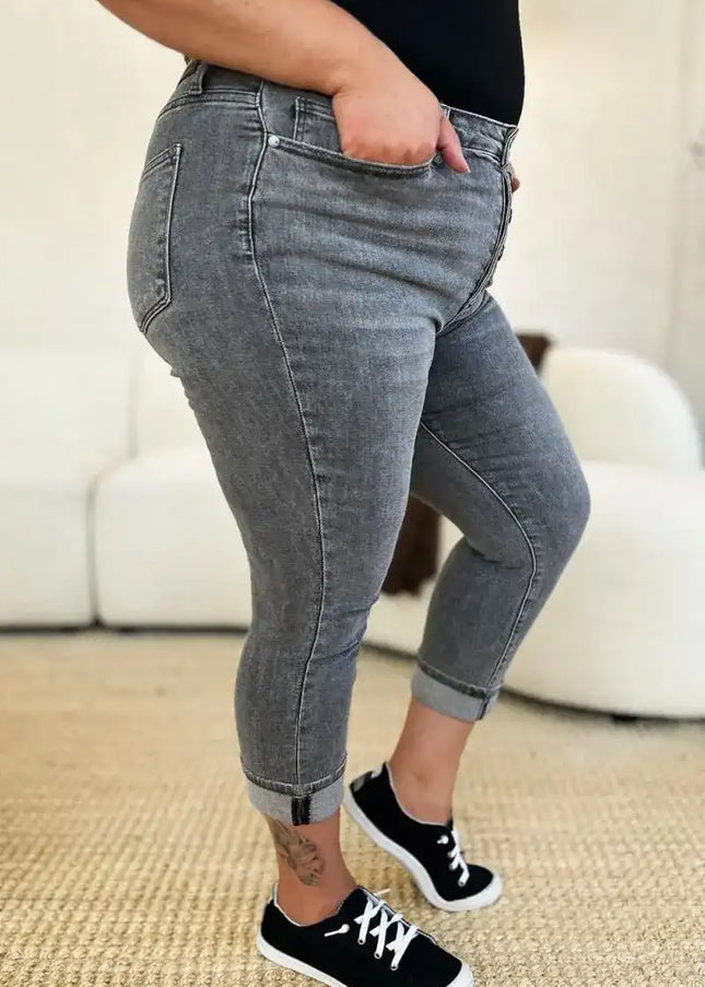 Judy Blue Full Size Button Fly High Waist Cuffed Capris - Sleekdenim.com