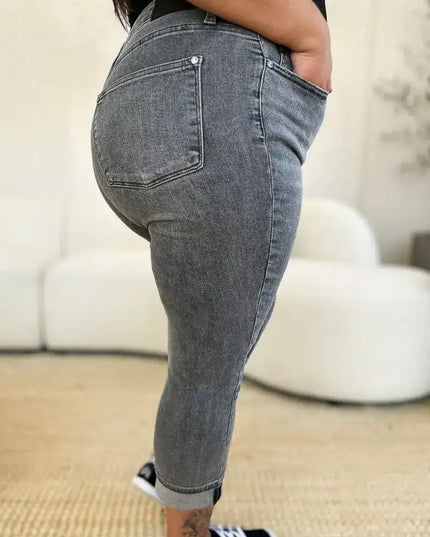 Judy Blue Full Size Button Fly High Waist Cuffed Capris - Sleekdenim.com