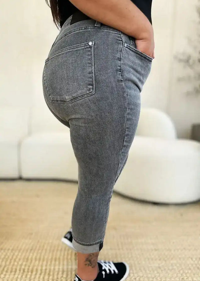 Judy Blue Full Size Button Fly High Waist Cuffed Capris - Sleekdenim.com