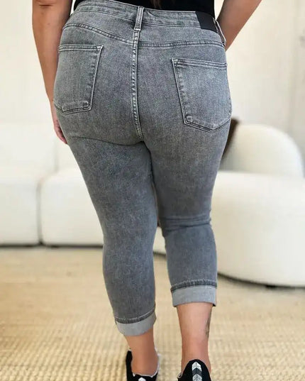 Judy Blue Full Size Button Fly High Waist Cuffed Capris - Sleekdenim.com