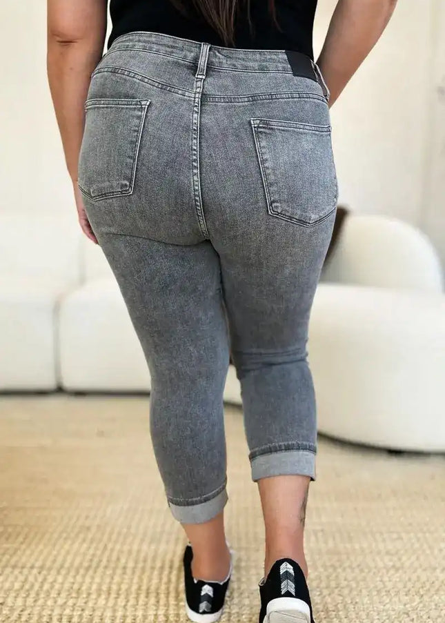 Judy Blue Full Size Button Fly High Waist Cuffed Capris - Sleekdenim.com