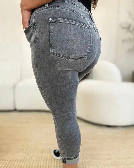 Judy Blue Full Size Button Fly High Waist Cuffed Capris - Sleekdenim.com