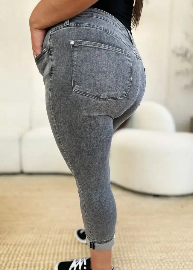 Judy Blue Full Size Button Fly High Waist Cuffed Capris - Sleekdenim.com