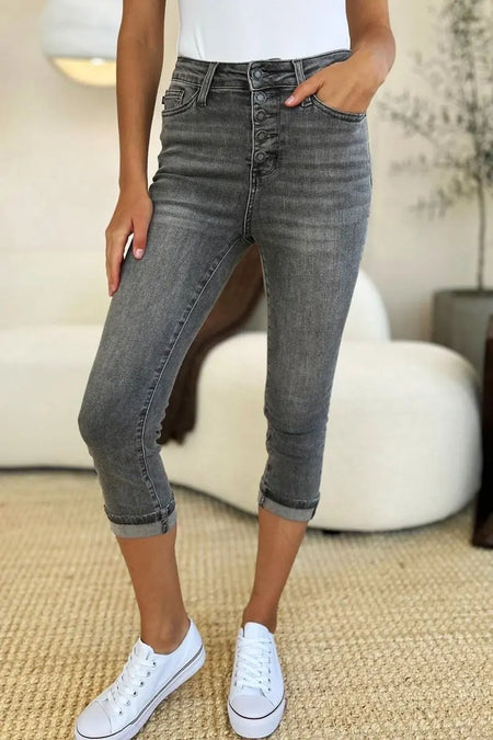 Judy Blue Full Size Button Fly High Waist Cuffed Capris - Sleekdenim.com