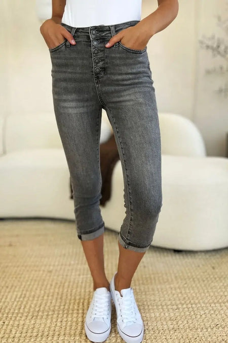 Judy Blue Full Size Button Fly High Waist Cuffed Capris - Sleekdenim.com