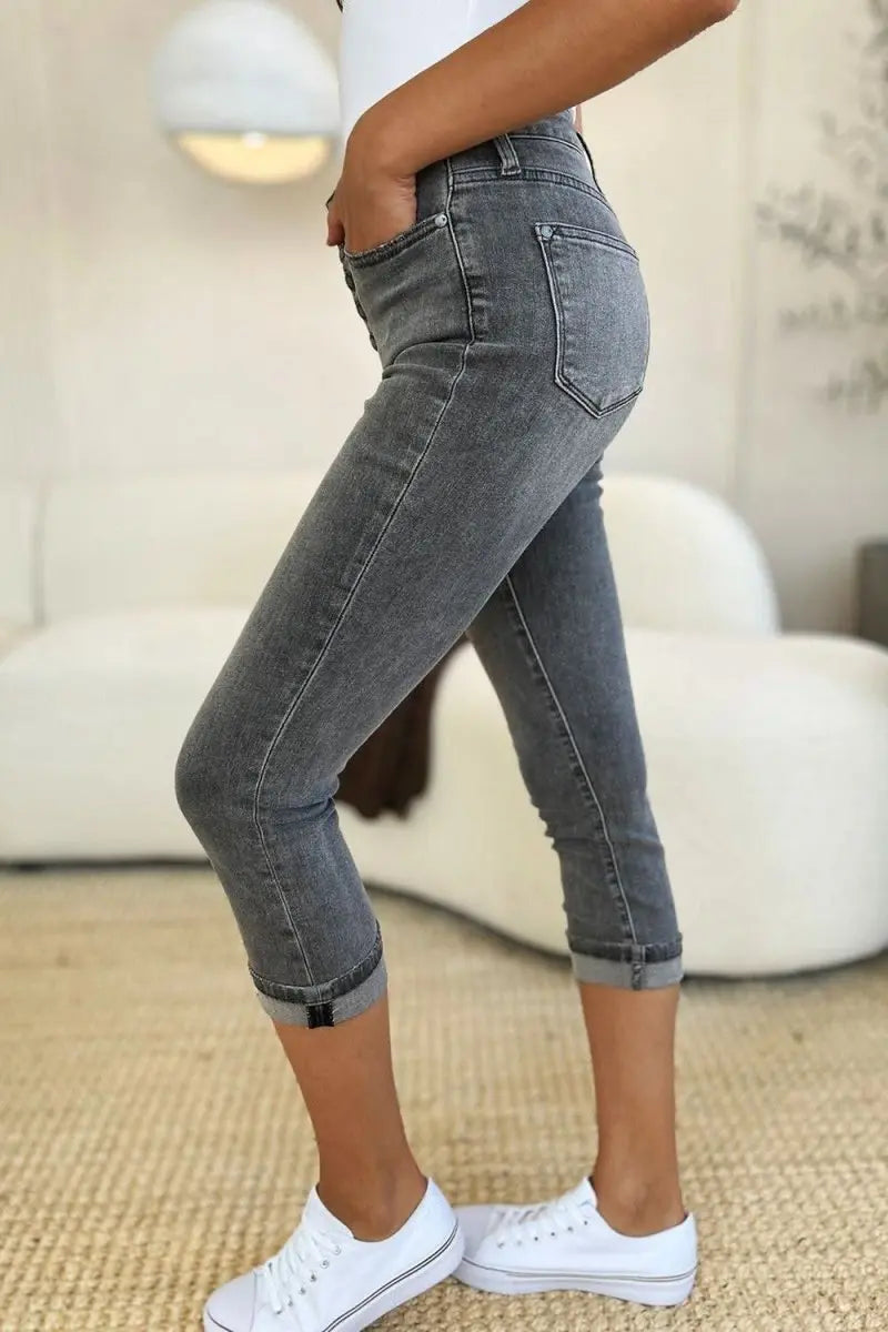 Judy Blue Full Size Button Fly High Waist Cuffed Capris - Sleekdenim.com