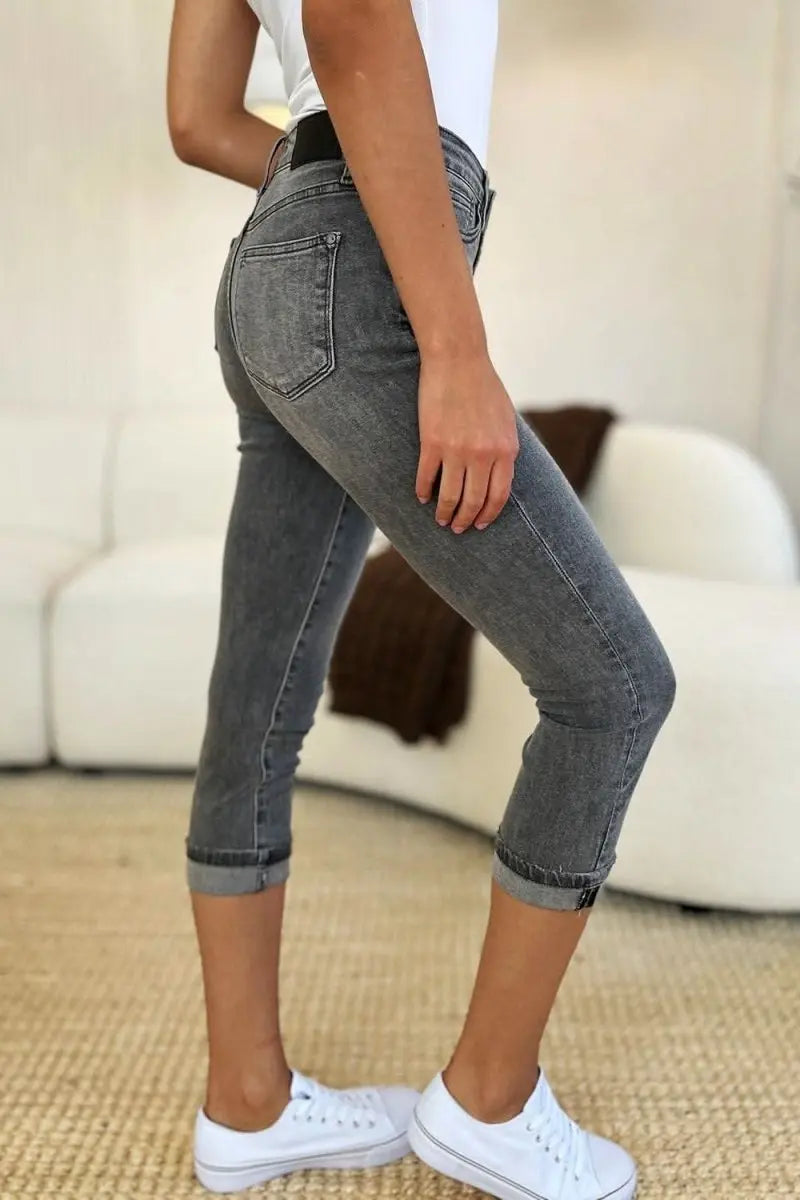 Judy Blue Full Size Button Fly High Waist Cuffed Capris - Sleekdenim.com