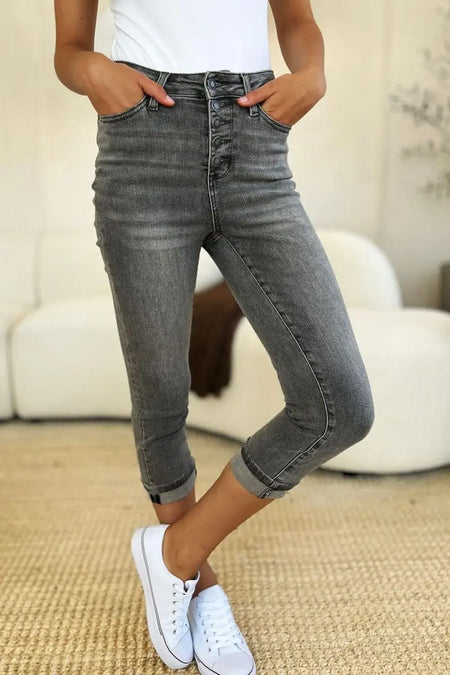 Judy Blue Full Size Button Fly High Waist Cuffed Capris - Sleekdenim.com