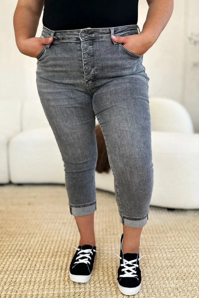 Judy Blue Full Size Button Fly High Waist Cuffed Capris - Sleekdenim.com