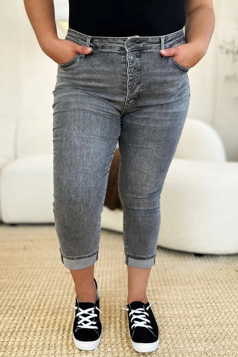 Judy Blue Full Size Button Fly High Waist Cuffed Capris - Sleekdenim.com