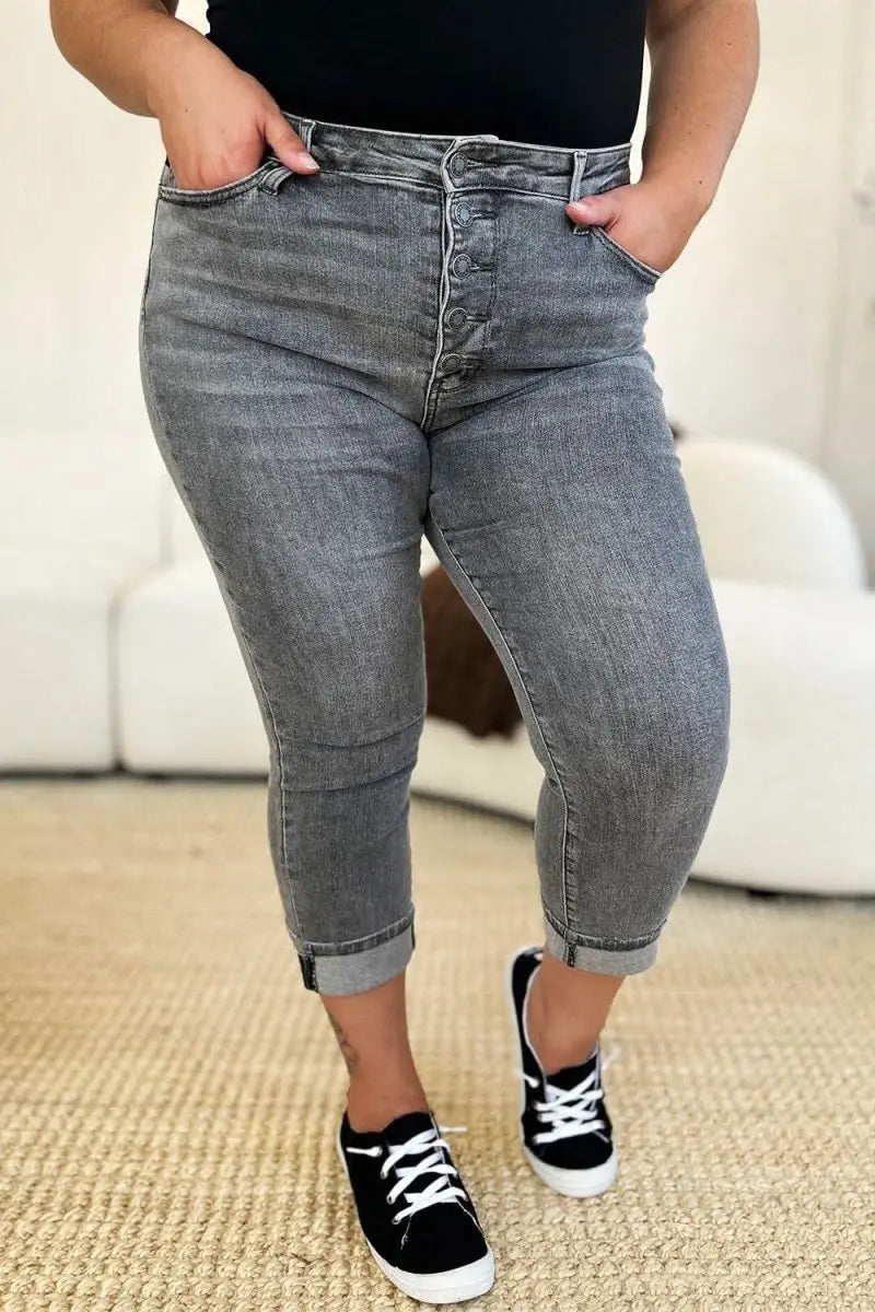 Judy Blue Full Size Button Fly High Waist Cuffed Capris - Sleekdenim.com