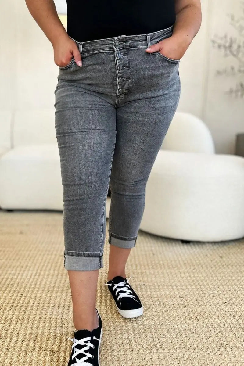 Judy Blue Full Size Button Fly High Waist Cuffed Capris - Sleekdenim.com