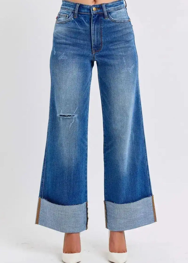 Judy Blue Distressed High Waist Wide Leg Jeans 82636 - Sleekdenim.com