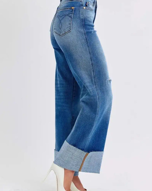 Judy Blue Distressed High Waist Wide Leg Jeans 82636 - Sleekdenim.com