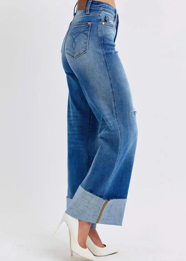 Judy Blue Distressed High Waist Wide Leg Jeans 82636 - Sleekdenim.com