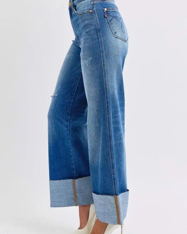 Judy Blue Distressed High Waist Wide Leg Jeans 82636 - Sleekdenim.com