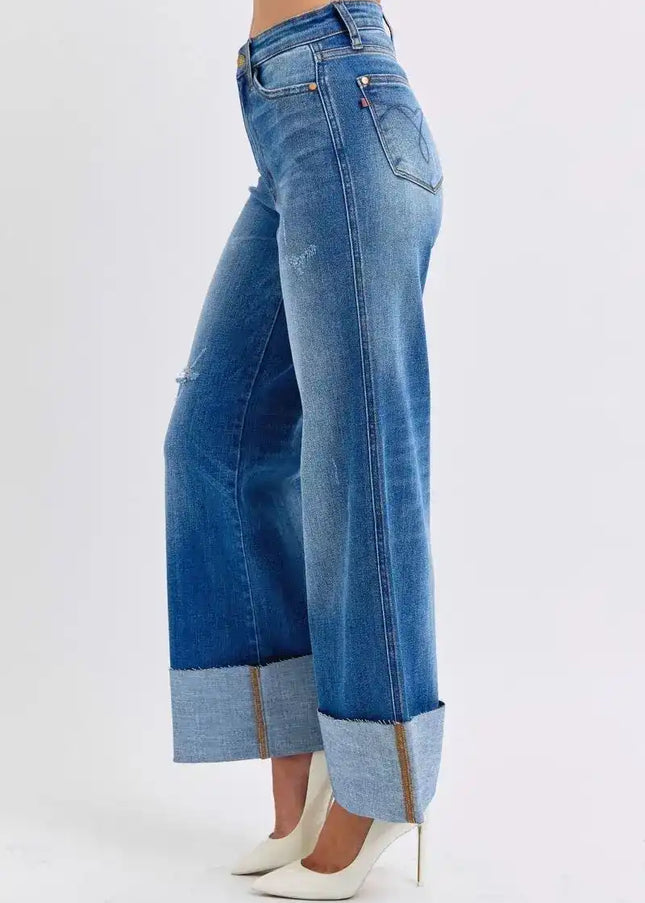 Judy Blue Distressed High Waist Wide Leg Jeans 82636 - Sleekdenim.com