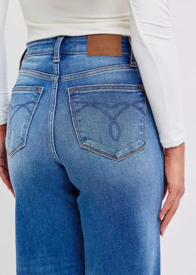 Judy Blue Distressed High Waist Wide Leg Jeans 82636 - Sleekdenim.com