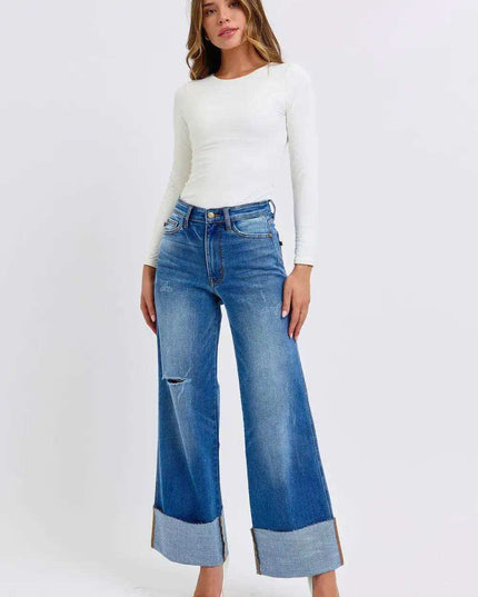 Judy Blue Distressed High Waist Wide Leg Jeans 82636 - Sleekdenim.com
