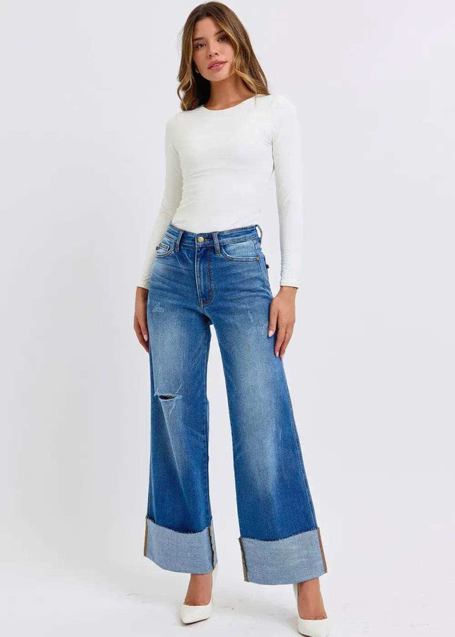 Judy Blue Distressed High Waist Wide Leg Jeans 82636 - Sleekdenim.com