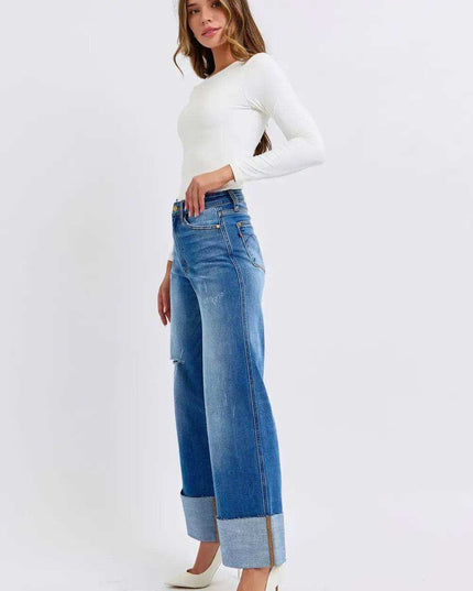 Judy Blue Distressed High Waist Wide Leg Jeans 82636 - Sleekdenim.com