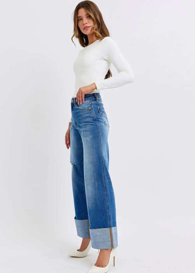 Judy Blue Distressed High Waist Wide Leg Jeans 82636 - Sleekdenim.com