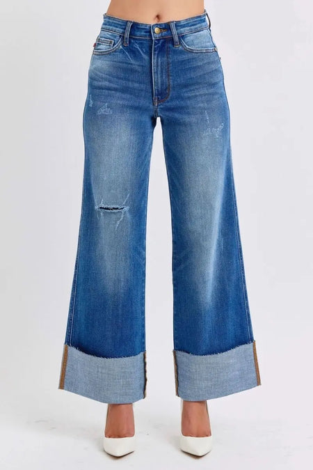 Judy Blue Full Size Distressed High Waist Wide Leg Jeans - Sleekdenim.com