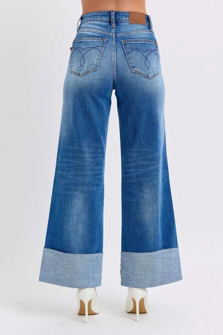 Judy Blue Full Size Distressed High Waist Wide Leg Jeans - Sleekdenim.com