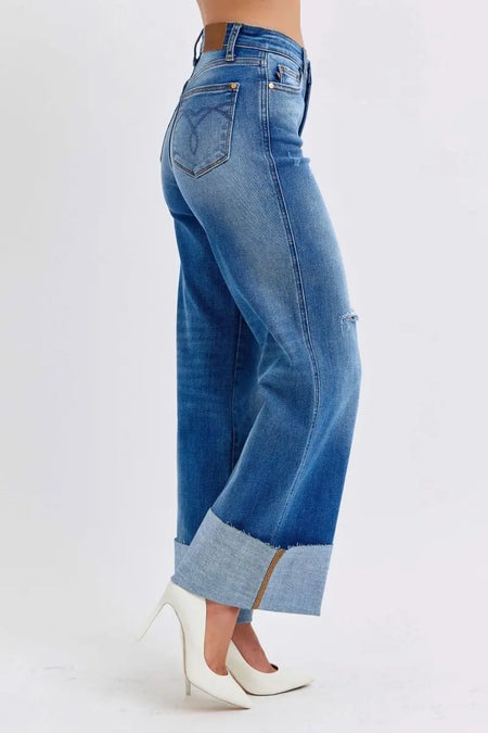 Judy Blue Full Size Distressed High Waist Wide Leg Jeans - Sleekdenim.com