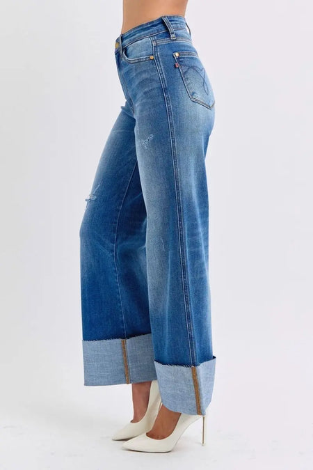 Judy Blue Full Size Distressed High Waist Wide Leg Jeans - Sleekdenim.com