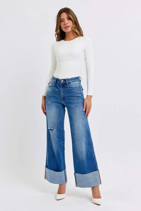 Judy Blue Full Size Distressed High Waist Wide Leg Jeans - Sleekdenim.com