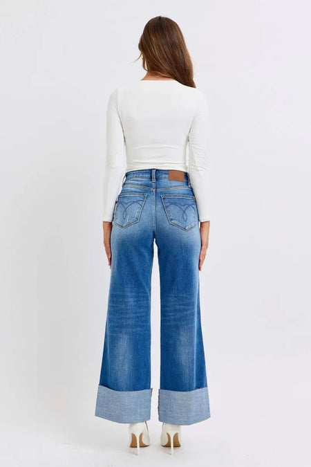 Judy Blue Full Size Distressed High Waist Wide Leg Jeans - Sleekdenim.com