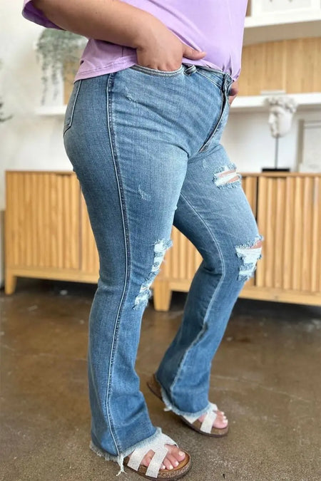 Judy Blue Full Size Distressed Raw Hem Bootcut Jeans - Sleekdenim.com