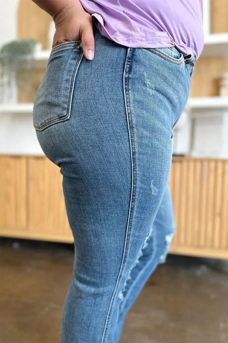 Judy Blue Full Size Distressed Raw Hem Bootcut Jeans - Sleekdenim.com