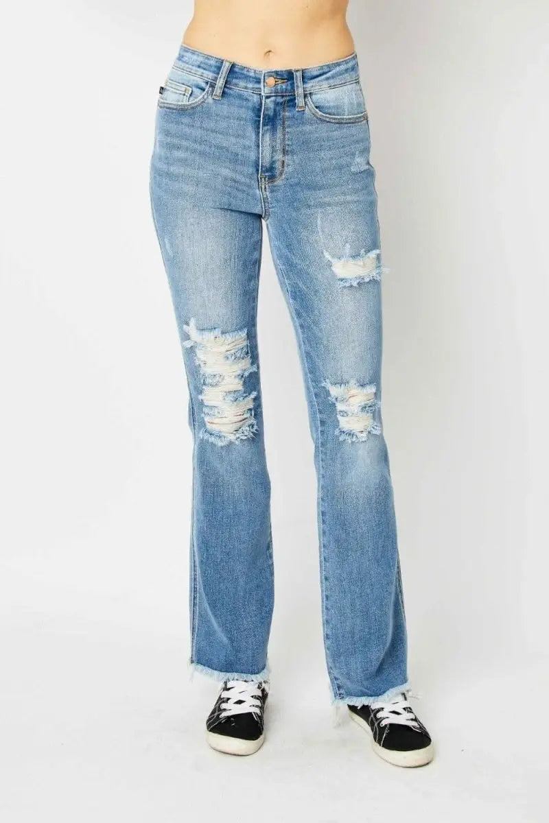 Judy Blue Full Size Distressed Raw Hem Bootcut Jeans - Sleekdenim.com