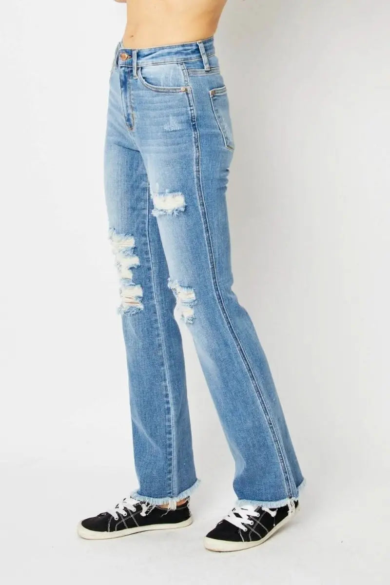 Judy Blue Full Size Distressed Raw Hem Bootcut Jeans - Sleekdenim.com