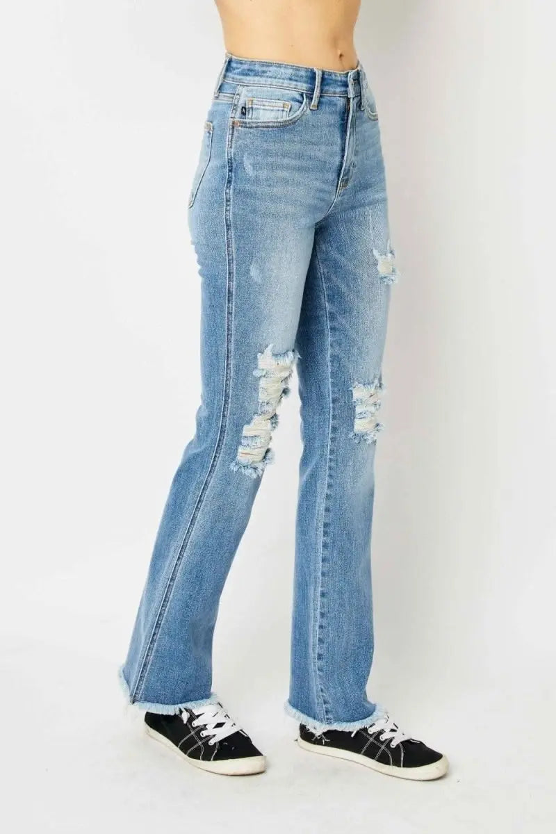 Judy Blue Full Size Distressed Raw Hem Bootcut Jeans - Sleekdenim.com