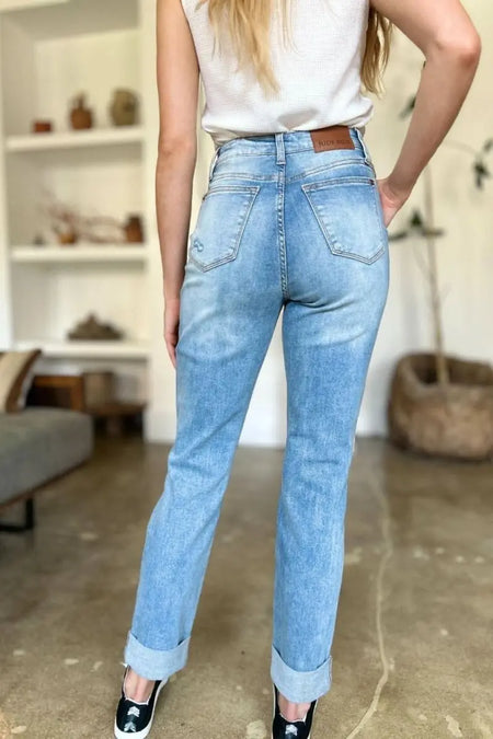 Judy Blue Full Size Distressed Straight Jeans with Patch Pockets - Sleekdenim.com