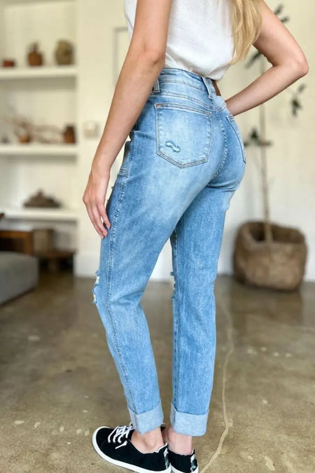 Judy Blue Full Size Distressed Straight Jeans with Patch Pockets - Sleekdenim.com