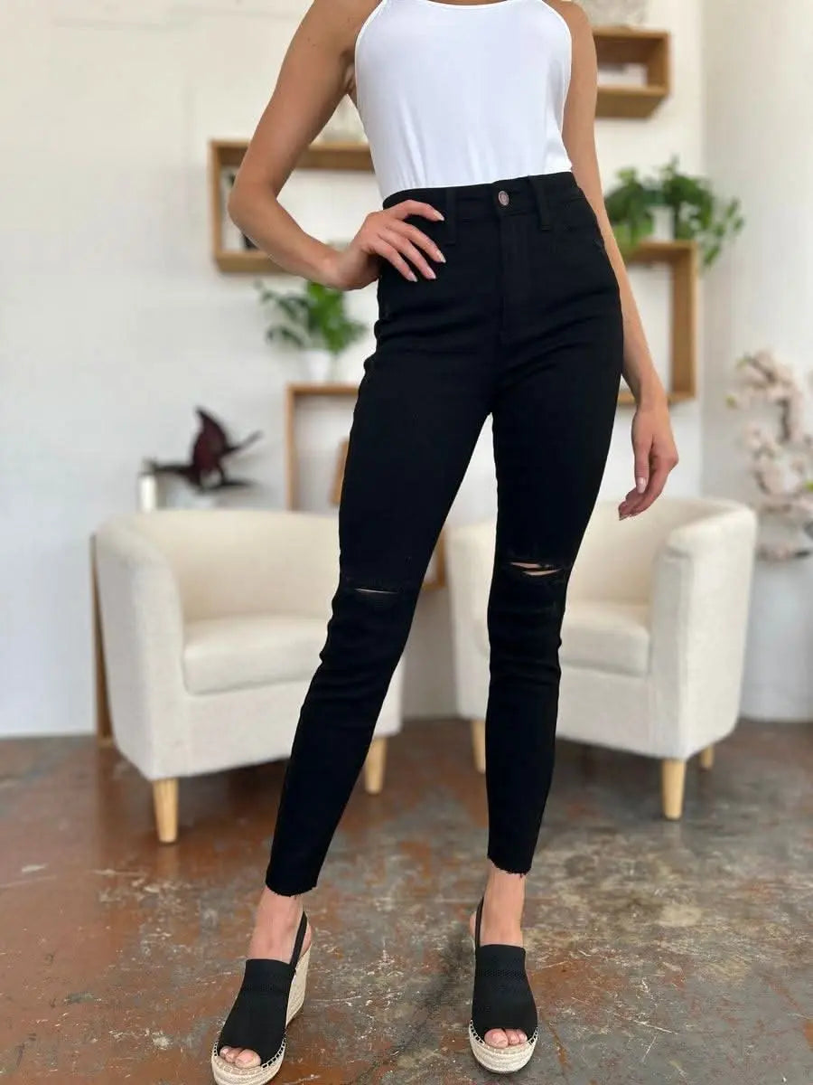 Judy Blue Full Size Distressed Tummy Control High Waist Skinny Jeans - Sleekdenim.com