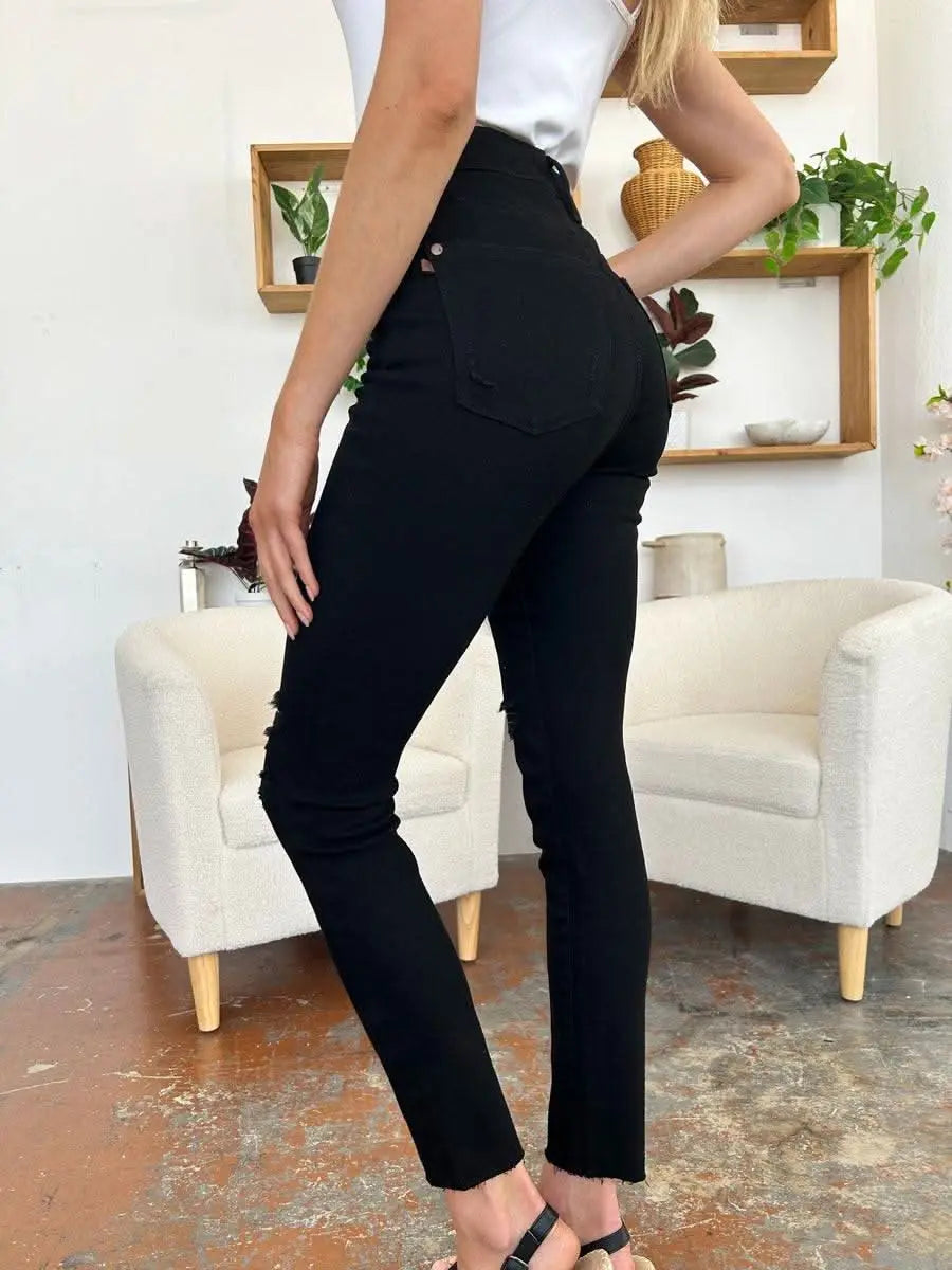 Judy Blue Full Size Distressed Tummy Control High Waist Skinny Jeans - Sleekdenim.com