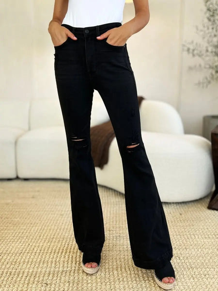 Judy Blue Full Size High Waist Distressed Flare Jeans - Sleekdenim.com