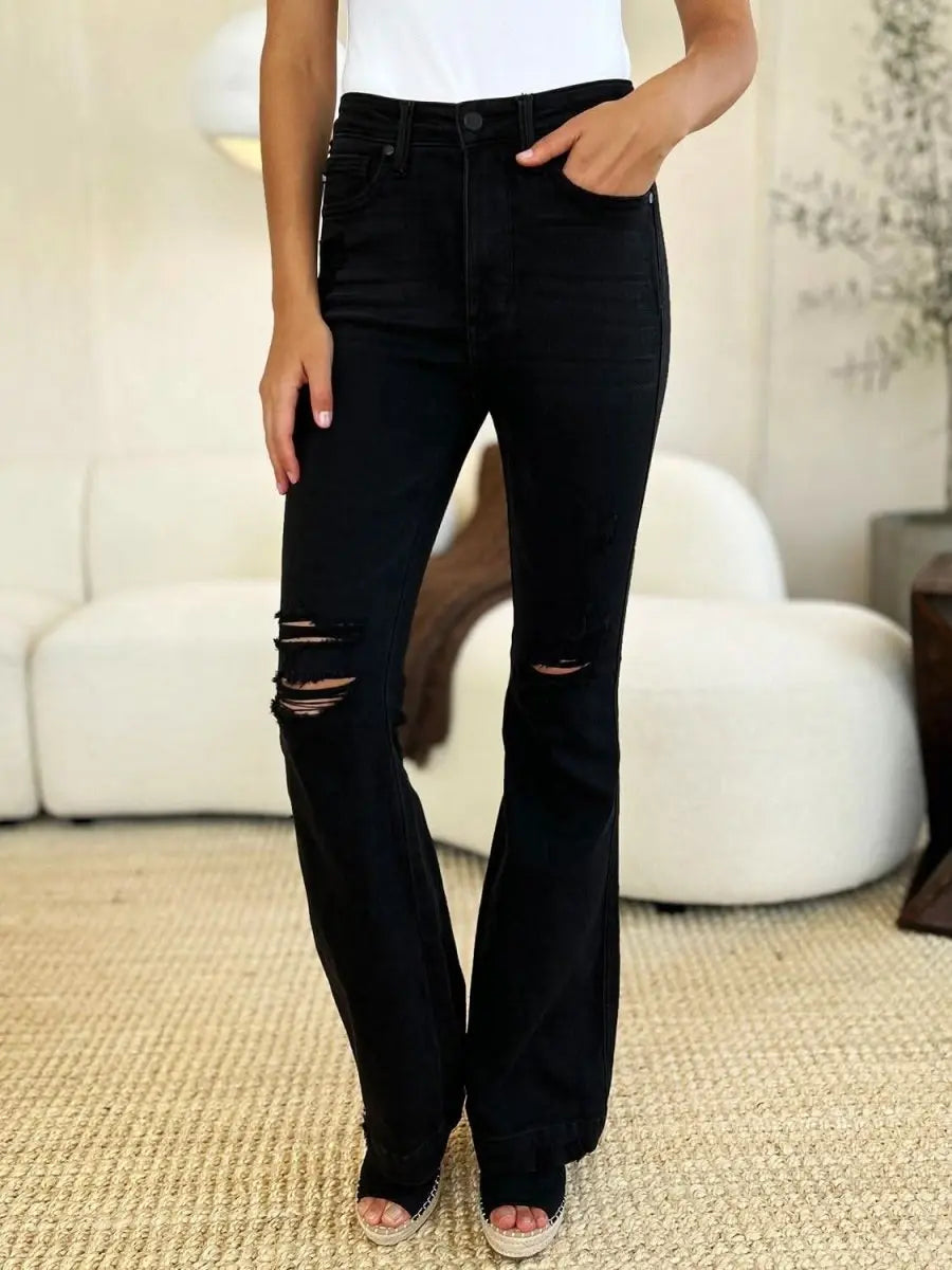 Judy Blue Full Size High Waist Distressed Flare Jeans - Sleekdenim.com