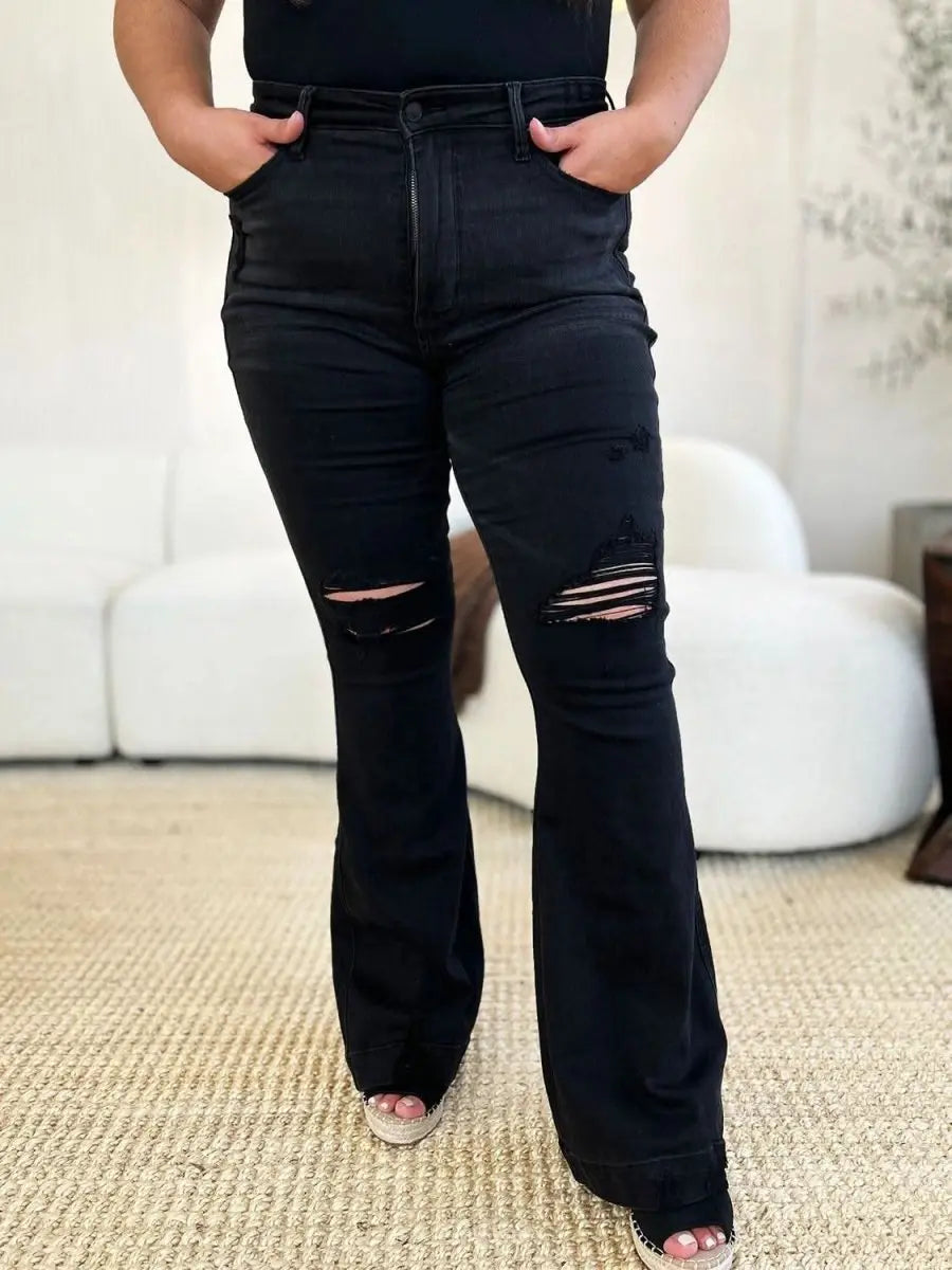 Judy Blue Full Size High Waist Distressed Flare Jeans - Sleekdenim.com