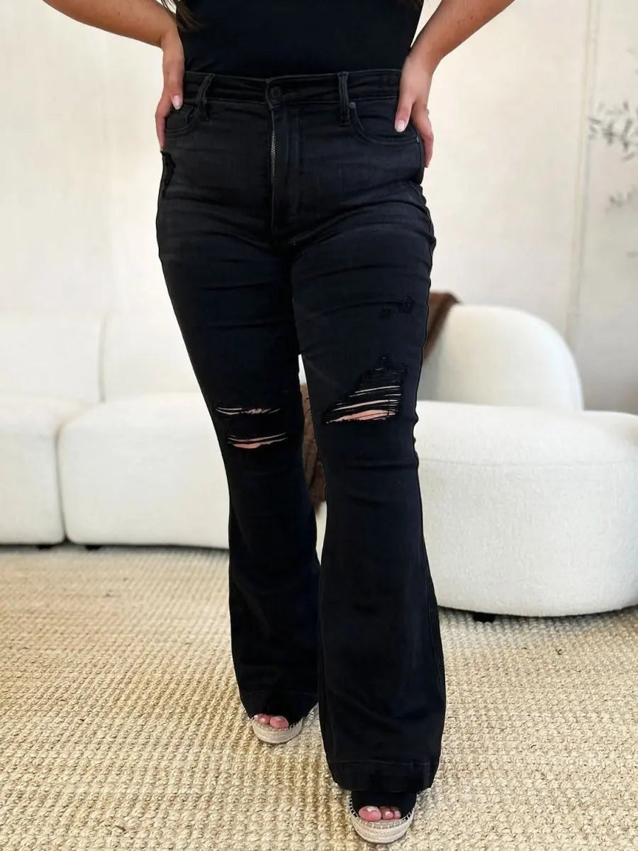 Judy Blue Full Size High Waist Distressed Flare Jeans - Sleekdenim.com