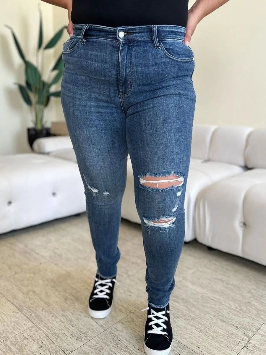 Judy Blue Full Size High Waist Distressed Skinny Jeans - Sleekdenim.com