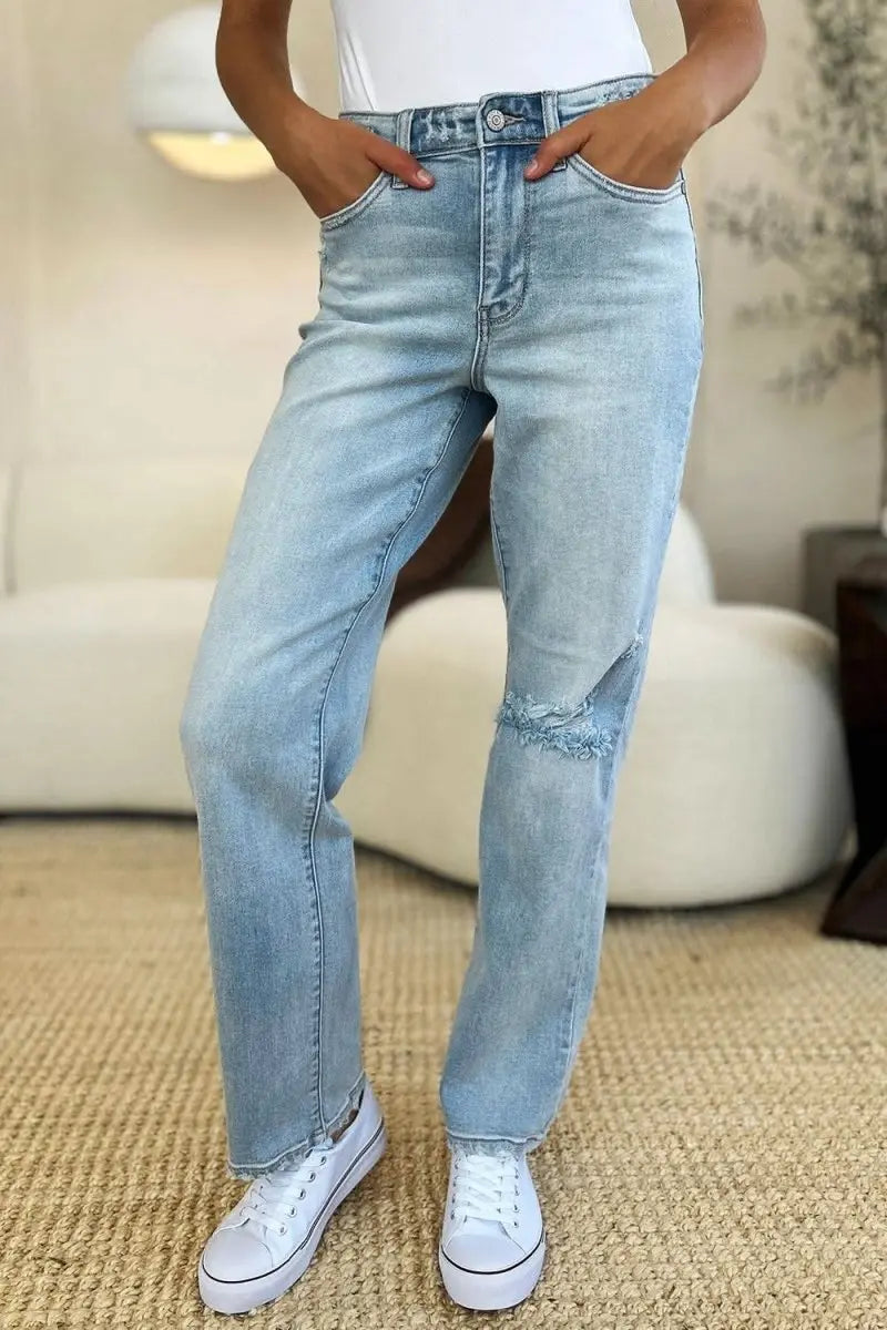 Judy Blue Full Size High Waist Distressed Straight Jeans - Sleekdenim.com