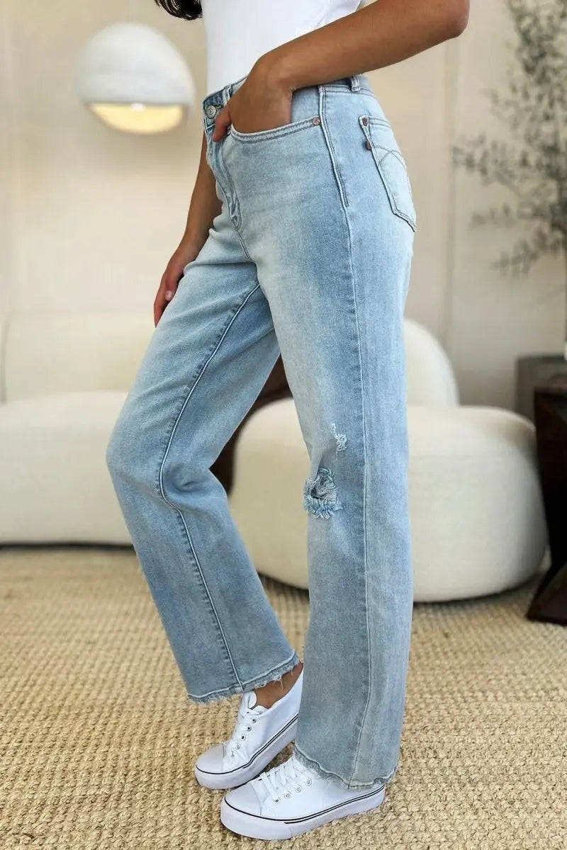 Judy Blue Full Size High Waist Distressed Straight Jeans - Sleekdenim.com