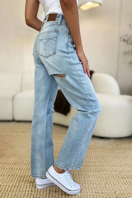 Judy Blue Full Size High Waist Distressed Straight Jeans - Sleekdenim.com